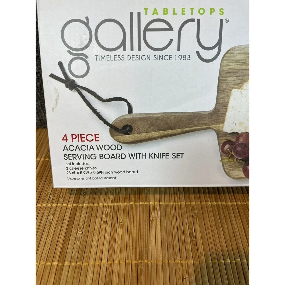 Tabletops Gallery Acacia Wood Serving Board with 3 Cheese Knives 4 Piece Set NEW